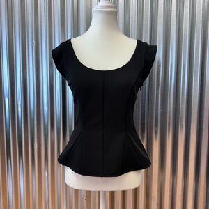 Bebe Elegant Black Scoop Neck Multi-Panel Cap Sleeve Ribbed Peplum Top